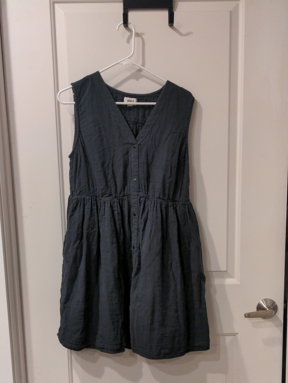Pact Sleeveless V-Neck Button-Front Mini Dress in Black